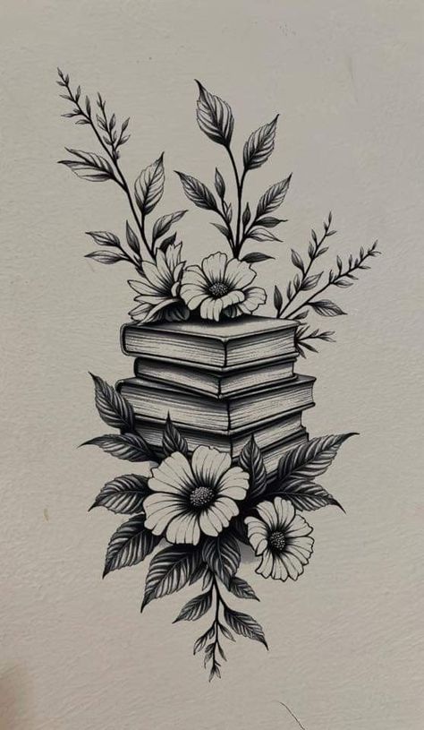 Floral Acotar Tattoo, Old Books Tattoo, Thigh Book Tattoos Women, Book And Feather Tattoo, Stack Of Book Tattoo Ideas, Read Tattoo Ideas, Evenstar Tattoo With Flowers, Cute Book Tattoos For Women, Book Patchwork Tattoo