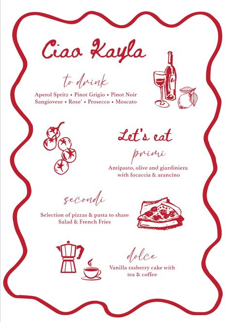 Italian Themed Menu Template Once purchased please message your event details and the file will be customised and emailed to you Italian Themed Party Invitations, Italian Theme Decorations, Italian Dinner Party Invite, Italian Birthday Theme, Italian Bridal Shower Themes, Italy Theme Wedding, Italian Dinner Party Menu Ideas, Italian Dinner Aesthetic, Dinner Party Menu Design