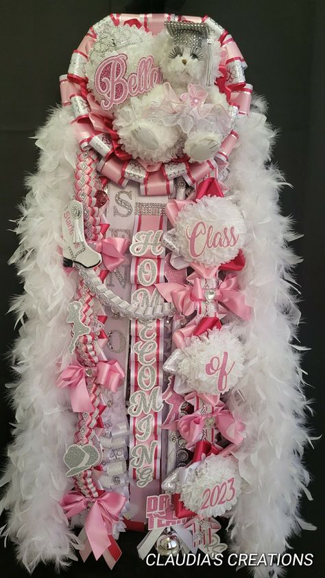 Big Homecoming Mums, Hoco Mums, Texas Homecoming Mums, Mum Ideas, White Mums, Prom Dress Inspo, Senior Ideas, Homecoming Mums Diy, Triple Heart