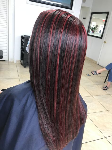 Black Hair With Red Highlights Black Women, Red Dye Highlights, Red Highlights On Straight Hair, Red Highlights On Dark Hair Straight, Black Hair With Red Highlights Straight, Dark Red Hair Streaks, Red Highlights In Brown Hair Straight, Red Hair Front Strands, 2000 Highlights Hair