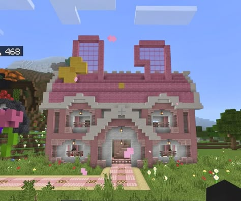 Minecraft My Melody House, My Melody Minecraft, Cutecore Minecraft, My Melody House, Rumah Minecraft Sederhana, Minecraft House Plans, Bangunan Minecraft, Minecraft Pictures, Hello Kitty House