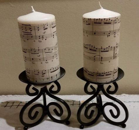 Decorate Mantle, Music Centerpieces, Music Candle, Sheet Music Crafts, Piano Sheet Music Classical, Music Themed Wedding, Music Ornaments, Candle Centerpiece, Glass Christmas Balls