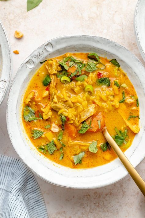 Healing ginger chicken soup packed with feel-good ingredients like fresh ginger and turmeric, plus a lovely creaminess from coconut milk. This nourishing, one pot coconut chicken and rice soup has a boost of whole grains from brown rice and is delicious topped with fresh garnishes! A wonderful meal for colder months. #soup #chickensoup #healthydinner #healthylunch #glutenfree #dairyfree Chicken Brown Rice Soup, Best Chicken Soup Recipe, Ginger Chicken Soup, Delicious Soups, Coconut Ginger, Chicken And Brown Rice, Chicken Rice Soup, Ambitious Kitchen, Ginger Chicken