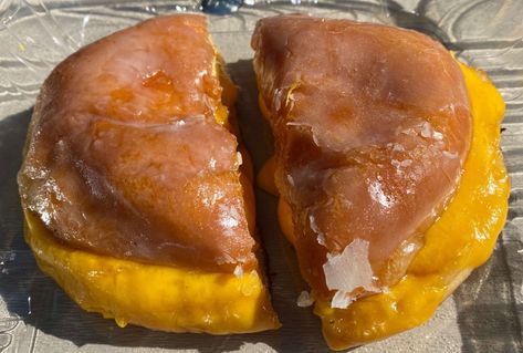 Disney World Cafe 'Everglazed' Is Serving Donut Grilled Cheese Sandwiches - Thrillist Donut Sandwich, Cheese Donut, Savory Donuts, Doughnut Bun, Emily Post, Sandwich Menu, Yeast Donuts, Donut Bun, Doughnut Shop