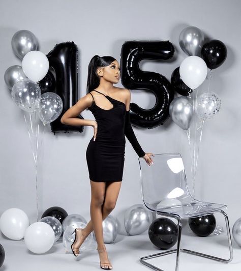 Black And Silver Birthday Photoshoot, Bodysuit Photoshoot Ideas Birthday, 15th Birthday Photoshoot, 17 Birthday Photoshoot, Black And White Birthday Photoshoot, 15th Birthday Photoshoot Ideas, Black Birthday Photoshoot, Classy Birthday Photoshoot Ideas, 16 Photoshoot