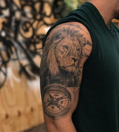 12+ Best Lion & Compass Tattoo Designs | PetPress Lion And Compass Tattoo, Lion Shoulder Tattoo, Coordinates Tattoo, Lion Tattoo Sleeves, Mens Lion Tattoo, Knuckle Tattoos, Lion Head Tattoos, Compass Tattoo Design, Men Tattoos Arm Sleeve