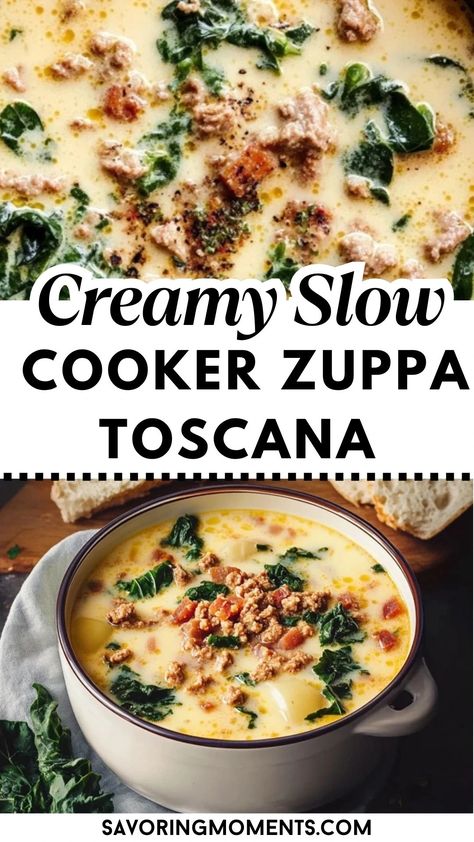 This rich and creamy Zuppa Toscana is made easy in the slow cooker, packed with savory Italian sausage, tender potatoes, and fresh kale. It’s the ultimate comfort food that simmers to perfection. Get the recipe and start cooking today! #ZuppaToscana #SlowCookerRecipes #ComfortFood #CreamySoup #EasyDinner #SausageSoup #HeartyMeals #FallRecipes #ItalianSoup #MealPrepIdeas Slow Cooker Zuppa Toscana Soup, Slow Cooker Sausage Soup, Zuppa Toscana Recipe, Zupa Toscana Soup, Sausage Soup Crockpot, Slow Cooker Zuppa Toscana, Crockpot Zuppa Toscana, Sausage And Kale Soup, Sausage Crockpot