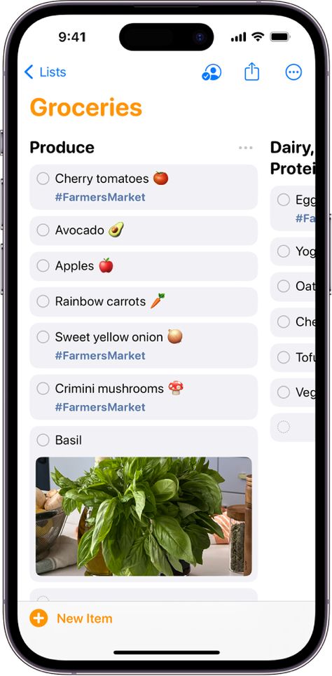 Make a grocery list in Reminders on iPhone – Apple Support (AU) Reminders On Iphone, Apple Reminders, Reminder App, Iphone Notes, Apple Notes, Crimini Mushrooms, Technology Tips, Rainbow Carrots, Apple Support