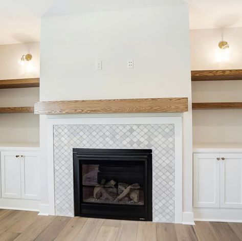 Herringbone Fireplace Tile, Transitional Fireplaces, Herringbone Fireplace, Den Makeover, Diy Shiplap Fireplace, Fireplace Bookshelves, Modern Coastal Home, Build A Fireplace, Fireplace Tile Surround