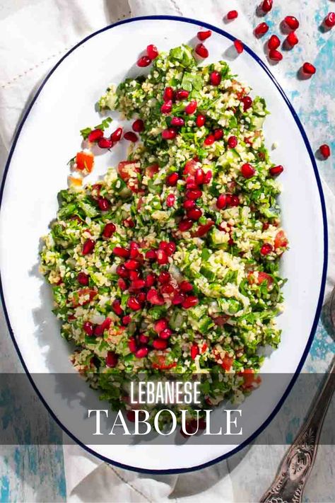 Taboule salad on a white oval plate, scattered with pomegranate seeds. Italian Pasta Salads, Recipes For Steak, Easy Healthy Pasta, Arabic Salad, Brown Rice And Quinoa, Grilled Kabobs, Steak Board, Easy Italian Pasta, Lebanese Salad