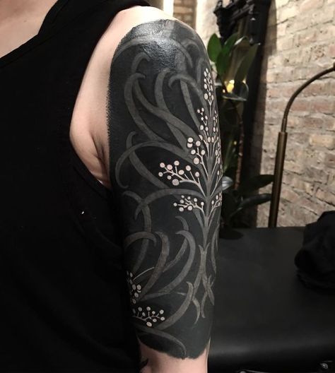 Black Out Tattoo With White Ink, Large Black Tattoo, Blackout Tattoo With White Ink, White On Black Tattoo, White Over Black Tattoo, Black Out Tattoo, Esther Garcia, Solid Black Tattoo, Black Cover Up