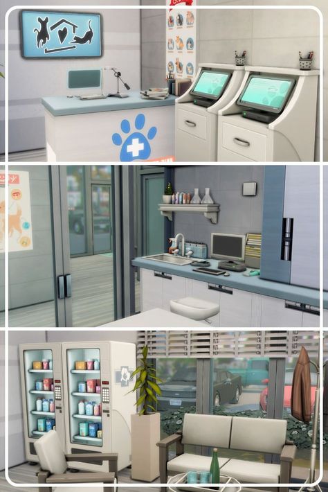 Speed build available here - JuliaFilms Sims 4 Vet Clinic Floor Plan, Sims 4 Vet Clinic, Vet Aesthetic, Sims 4 Gallery, Sims Freeplay Houses, Sims Houses, Sims 4 House Building, Vet Clinic, Sims 4 House Design