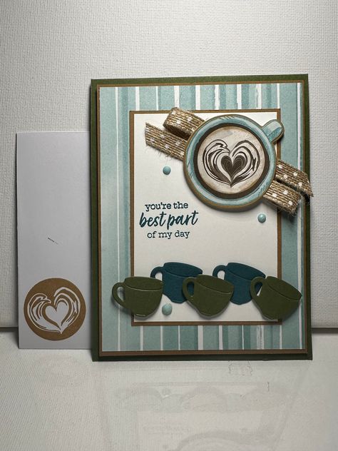 You're the best part of my day - thanks so much This card was crafted using the "Latte Love" stamp set from Stampin' Up as well as other products from Stampin' Up and local craft stores. Card measures  5.5"x4.25", is decorated on the outside, inside, and also includes a coordinating envelope. Do you like this card but need a different sentiment? This can easily be done. Most cards can be custom made, no extra charge! If you like this card, please check out my store for additional cards using this same suite. *Please note based on supplies, some colors/papers/other products may vary slightly based on stock from my suppliers, however will not effect the integrity of the original design. Coffee Stampin Up Cards, Stampin Up Latte Love Cards, Latte Love Stampin Up Cards, Stampin Up Thank You Cards, Cocktail Chocolate, Coffee Themed Cards, Cafe Cards, Chocolate Card, Stamping Cards