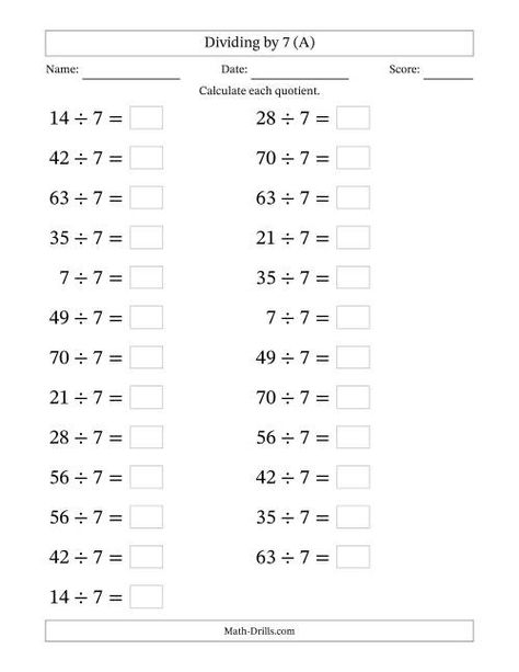 The Horizontally Arranged Dividing by 7 with Quotients 1 to 10 (25 Questions; Large Print) (A) Math Worksheet Easter Math Worksheets, Fact Family Worksheet, Thanksgiving Math Worksheets, Money Math Worksheets, Number Sense Worksheets, Multiplication Facts Worksheets, Halloween Math Worksheets, Math Hacks, Math Flash Cards