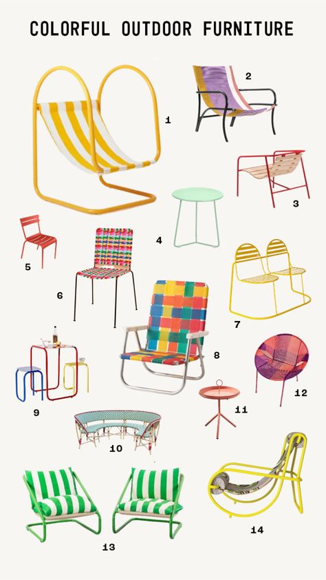 60s Outdoor Furniture, Bright Outdoor Furniture, Fun Patio Furniture, Outdoor Chair Ideas, Colourful Outdoor Furniture, Retro Outdoor Furniture, Colorful Patio Furniture, Basic Backyard, Outdoor Dining Decor