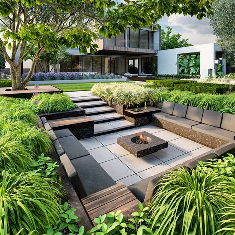 Modern Backyard Landscaping, Backyard Fireplace, Casa Country, Modern Backyard, Outdoor Gardens Design, Backyard Makeover, Modern Landscaping, Candy Land Christmas, Back Garden