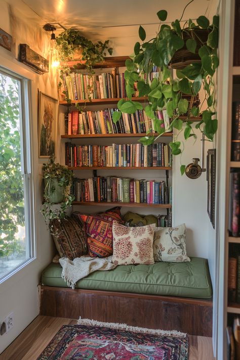 53 Boho Tiny House Library Ideas - TastyInteriors Boho Home Ideas Living Room, Boho Style Bookshelf, Calm Library Aesthetic, Hygge Library Room, Book Nook Office Ideas, No Bookshelf Ideas, Library And Art Room, Nature Library Aesthetic, Home Library Corner Ideas