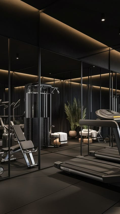 Combine fitness and style in your home gym with bold black walls. Get inspired by unique design idea, color palettes, and equipment choices that will motivate you to achieve your fitness goals. Unique Gym Design, Fitness Interior, Luxury Fitness Aesthetic, Black Wall Home Gym, Moody Gym, Black Home Gym, Home Gym Black, Dark Home Gym Aesthetic, Home Gym Dark Aesthetic