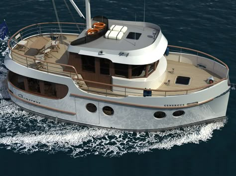 GENEROUS | Boat Design Net Small Pontoon Boats, Trawler Yacht, Liveaboard Boats, Rc Boats Plans, Great Loop, Water Transport, Wooden Boat Plans, Boat Projects, Classic Yachts