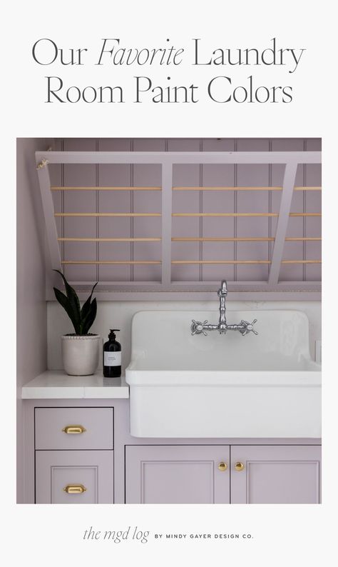 Over on the blog, we're sharing all of the best paint colors for the laundry room, from neutral hues to fun pops of color! Whether you're painting the cabinetry, millwork, or walls in your laundry room, these shades are timeless and designer-approved! One Color Laundry Room, Dusty Pink Laundry Room, Pink Laundry Room Cabinets, Feminine Laundry Room, Fun Laundry Room Ideas Paint Wall Colors, Laundry Room Paint Colors 2023, Purple Laundry Room Ideas, Painted Laundry Room Cabinets, Laundry Room Wall Paint