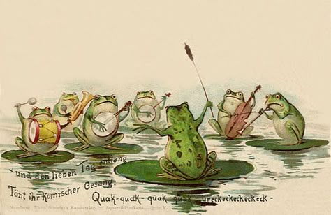 Frog orchestra, c. 1920s Illustrated Animals, Frog Illustration, Frog Pictures, Funny Frogs, Frog Art, Images Vintage, Frog And Toad, Cute Frogs, Breakfast Room