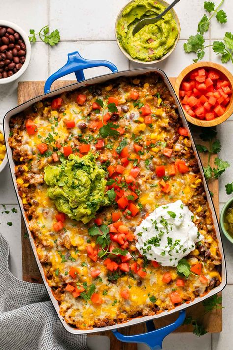 This delicious Taco Casserole is a twist on classic tacos in casserole form! This easy dinner idea features tender ground beef, veggies, spices, and lots of cheese baked into a tasty meal the whole family will love. Classic Tacos, Chile Relleno Casserole Recipe, Taco Casserole Bake, Healthy Little Peach, Easy Taco Casserole, Homemade Taco Seasoning Mix, Soup With Ground Beef, Taco Bake, Cheese Baked