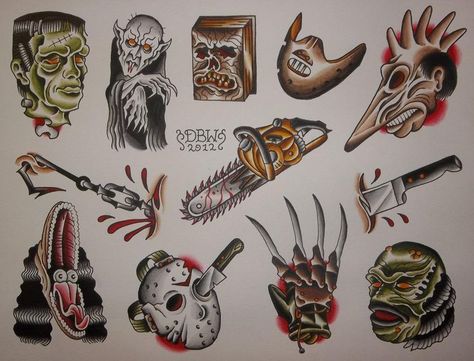 Classic horror movie tattoos 😍 Horror Movie Tattoos American Traditional, Horror Tattoo American Traditional, American Traditional Creepy Tattoos, Horror Film Tattoo Ideas, Traditional Tattoo Horror, American Traditional Horror Tattoo, Small Horror Tattoos, Horror Movie Flash Tattoo, Terminator Tattoo