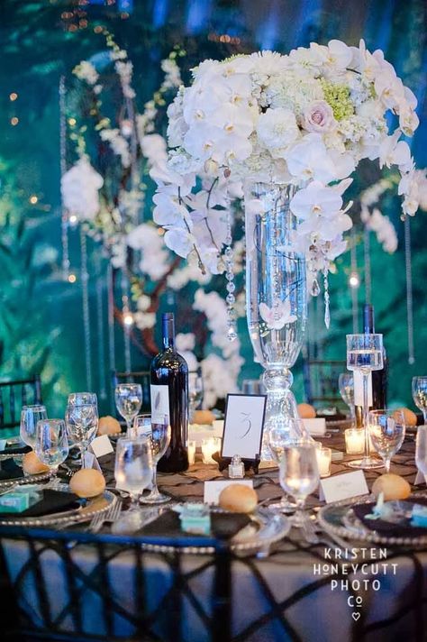 Tall centerpiece of white orchids, Seattle Aquarium wedding, black and white wedding, Flora Nova Design/Seattle Beautiful Places To Get Married, Seattle Aquarium, Aquarium Wedding, Tall Centerpiece, Sea Wedding, Tafel Decor, Tall Centerpieces, Places To Get Married, Mod Wedding