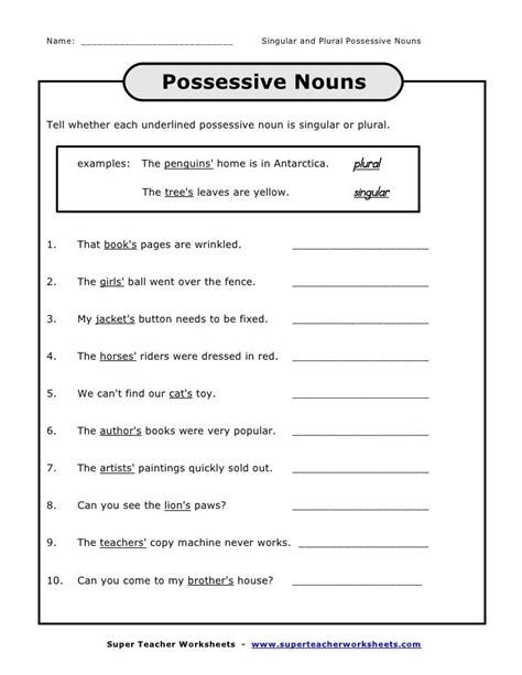 Possessive Nouns Worksheets | Fun Singular And Plural Possessive Nouns Worksheet, Possessive Adjectives Spanish, Adjectives Exercises, Singular Possessive Nouns, Nouns Exercises, Plural Possessive Nouns, Plural Nouns Worksheet, Plurals Worksheets, Singular And Plural Nouns