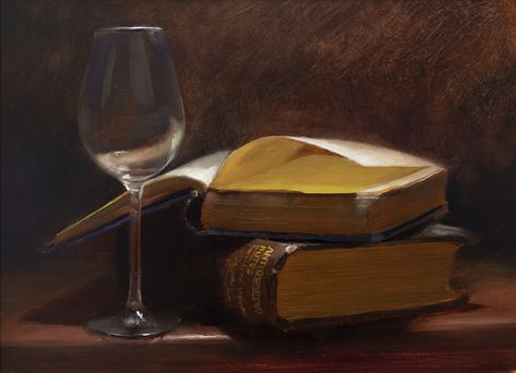 'Antiquarian' by west coast of Scotland painter Andrew Sinclair. Oil on board, 30 x 40 cm. #oilpainting #stilllife #scottishart #scottishartist #scottishpainter Book And Wine, Still Life Pictures, Wine Painting, Still Life Oil Painting, Still Life Drawing, Realistic Paintings, Daily Painting, Painting Still Life, A Level Art