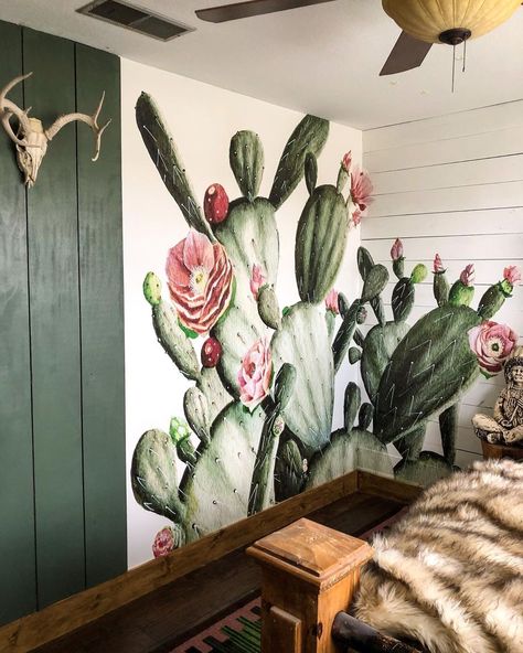 Rachel Joi on Instagram: “Bumdumbumdumbum.....(keyboard drum roll please).....my room makeover in a week is done! Well minus one wall, but don’t worry about it…” Cactus Mural, Cactus Bedroom, Ranch Home Decor, Ranch House Decor, Wall Mural Decals, Cowgirl Magazine, Bedroom Wallpaper, Ranch Home, Wallpaper Accent Wall