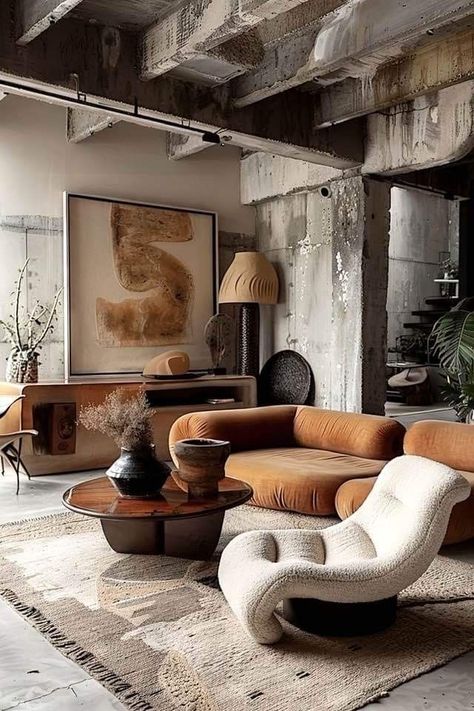 Irregular Furniture, Earthy Minimalist Living Room, Interior Maximalism, Beige And Brown Living Room, Gerard Sekoto, Curvilinear Forms, Maximalism Interior, Japandi Living, Bold Statements