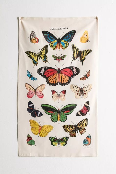 Cavallini Papers Butterfly Specimen Reference Tapestry | Urban Outfitters Urban Outfitters Tapestry, Boho Decor Inspiration, Mandala Bedding, Vintage Butterflies, Grunge Hippie, Bedding Decor, Chic Bedding, Boho Deco, Paper Butterfly