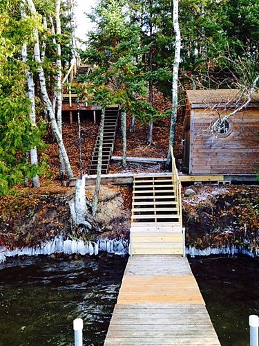 Stairs To Lake, Stair Construction, Building A Dock, Cottage Stairs, Lake Landscaping, Outside Stairs, Mid Century Farmhouse, Building Stairs, Deck Steps