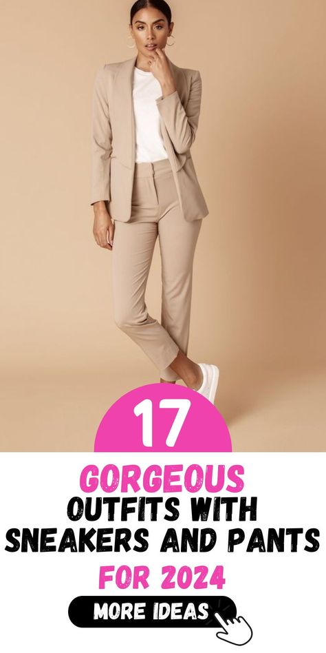 Make a fashion statement with our selection of 17 outfits showcasing sneakers and pants in 2024. Whether you're going for a casual or dressed-up look, pairing sneakers with pants creates a modern and stylish outfit. From denim jeans to elegant satin trousers, our curated collection offers options for every occasion. Explore our range and redefine your wardrobe today. Dressing Up Sneakers For Work, Women’s Workwear With Sneakers, White Sneakers Professional Outfit, Womens Suits With Tennis Shoes, Work Pants With Tennis Shoes, Business Sneaker Outfit, Cute Work Outfits With Sneakers, Sneakers For Work Women, Conference Outfits Women Sneakers