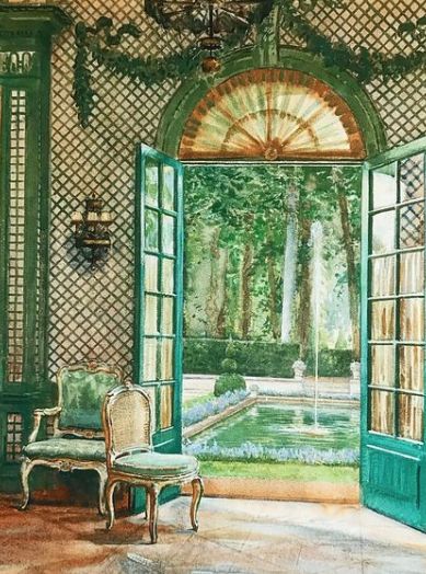 Elsie de Wolfe pioneered the anti-Victorian style of brighter, airier, and more streamlined and refined rooms than the era dictated is still celebrated today.  Illustration by William Bruce Ellis Ranken Architecture Baroque, Legend Series, Mother Painting, Interior Design History, Elsie De Wolfe, Palm Beach Style, Chintz Fabric, American Interior, Marie Antoinette