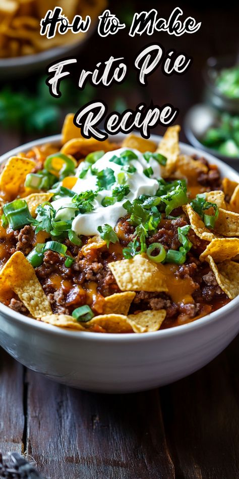 Frito Pie Recipe Chilli Frito Pie Recipe, Frito Boats, Frito Pie Bar, Frito Pie Casserole, Mexican Casseroles, Frito Pie Recipe, Tasty Meatloaf Recipe, Frito Chili Pie, Pizza Grilled Cheese