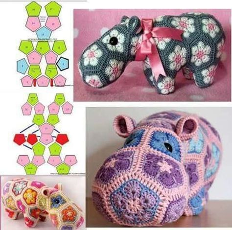 Crochet Hippo Pattern, African Flower Crochet Animals, African Flower Crochet, Hippo Pattern, Things To Sew, Flower Projects, Crochet African Flowers, Crochet Hippo, African Flowers