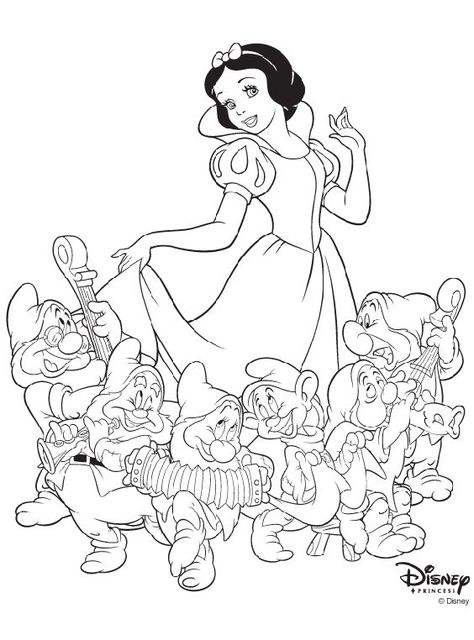 Disney Princess Snow White with 6 of the 7 dwarves coloring page Snow White Coloring Pages, Disney Princess Anime, Princesas Disney Anime, Disney Princess Colors, Sette Nani, Disney Princess Coloring Pages, Disney Princess Snow White, Snow White Disney, Princess Coloring Pages