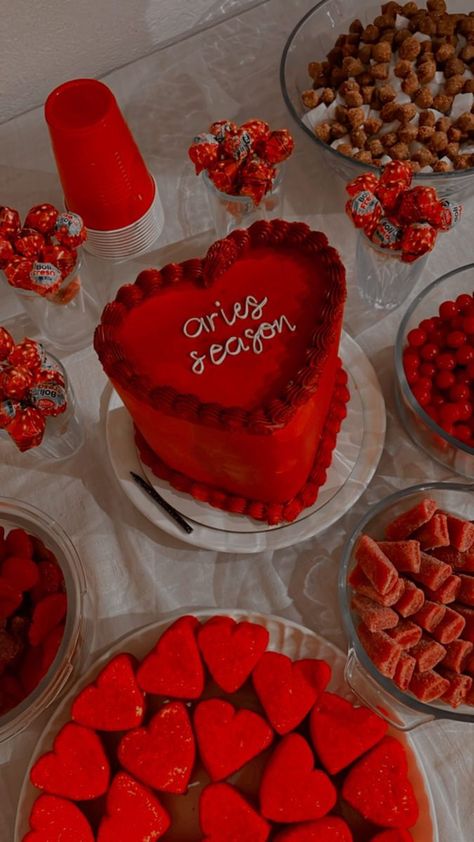 Heart Aries Cake, Heart Birthday Cake Aries, Aries Party Decorations, 15 Bday Party Ideas Aesthetic, Aries Birthday Aesthetic, 27 Birthday Theme Ideas For Her, All Red Birthday Party, Red 21st Birthday Cake, Red Bday Theme