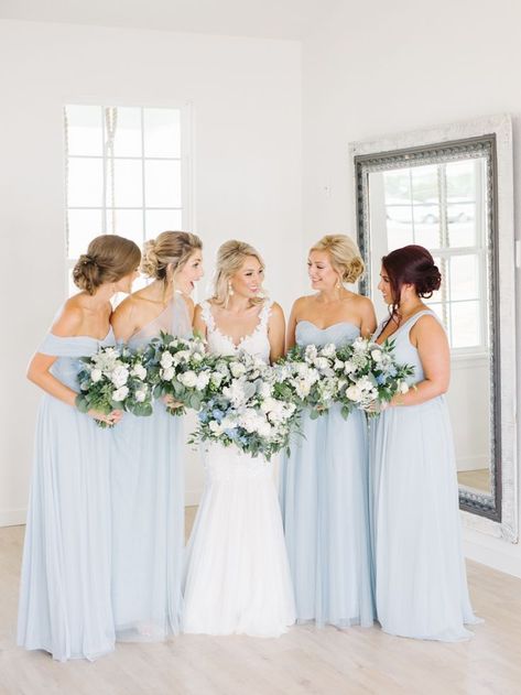 Blue Wedding Colour Theme, Dark Blue Bridesmaid Dresses, Top Wedding Colors, Light Blue Bridesmaid Dresses, Light Blue Bridesmaid, Light Blue Wedding, Mismatched Bridesmaids, Mismatched Bridesmaid Dresses, Spring Wedding Colors