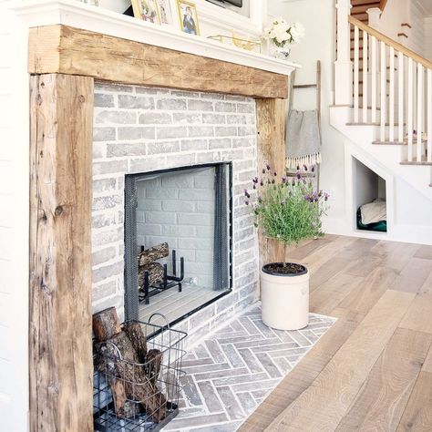 Grey Wash Brick, Wash Brick Fireplace, Herringbone Fireplace, White Wash Fireplace, White Wash Brick Fireplace, Hearth Tiles, White Brick Fireplace, Brick Hearth, White Wash Brick