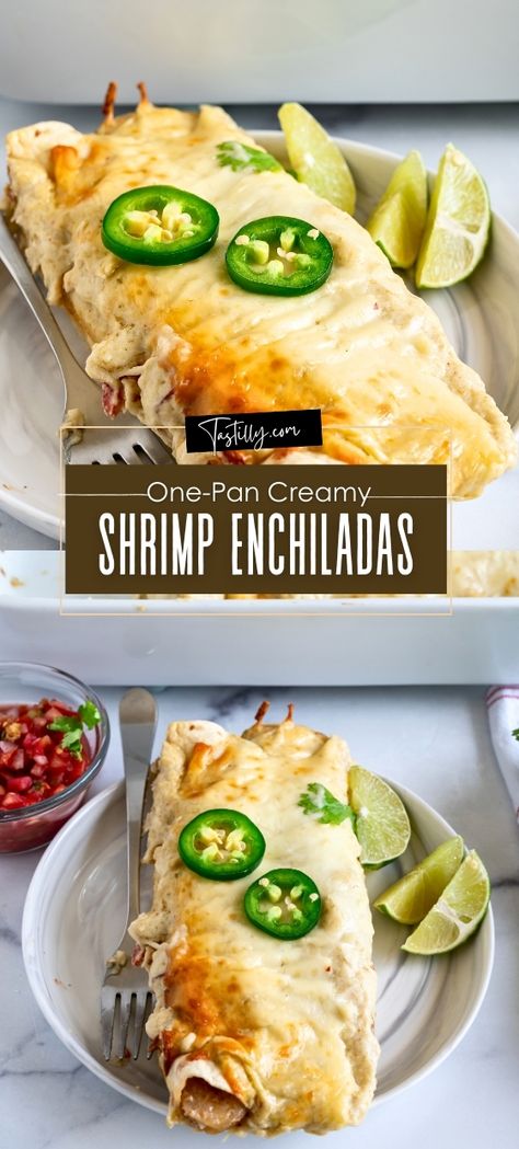 Quick & Easy One-Pan Creamy Shrimp Enchiladas - Tastilly Shrimp Quesadilla Easy, Easy Shrimp Enchiladas Recipes, Shrimp Recipes For Dinner Rice, Chi Chis Seafood Enchiladas Recipe, Shrimp Quesadilla Recipes, Leftover Shrimp Recipes, Taco Meals, Creamy Shrimp Enchiladas, Shrimp Enchiladas Recipes