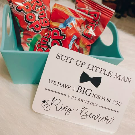 Ring Bearer Proposal For Baby, How To Ask Ring Bearer, Asking To Be Ring Bearer, Junior Groomsman Proposal Ideas, Will You Be My Ring Bearer Boys, Ring Barrer Proposal Ideas Boys, Ways To Ask Ring Bearer To Be In Wedding, Diy Ring Bearer Proposal, Ring Bearer Proposal Box Cute Ideas