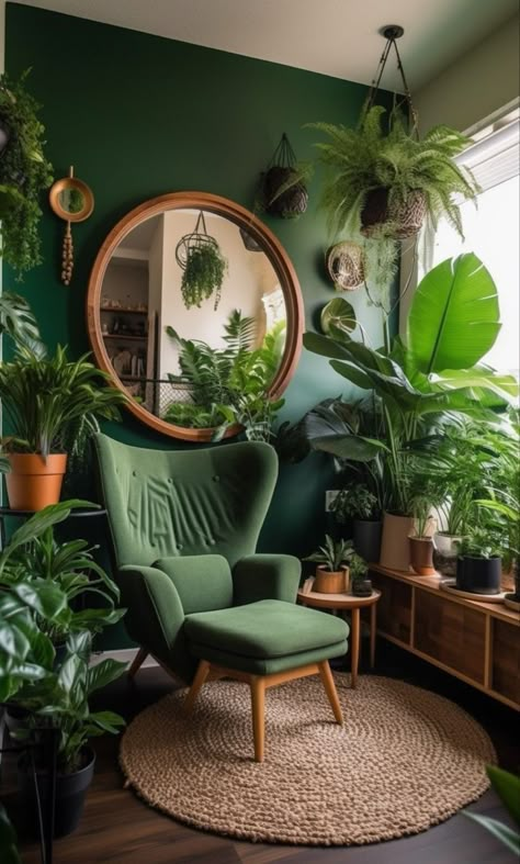 Plant Sitting Room Aesthetic, Plant Rooms Bohemian, Boho Jungle Living Room, Plant Room Inspiration, Tropical Victorian, Boho Plant Room, Modern Home Trends, Work Nook, Pool House Decor