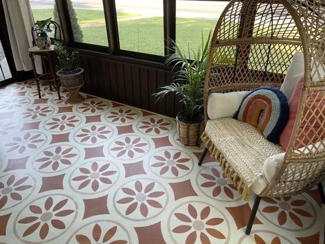 Stenciled Concrete Sunporch Makeover | Hometalk Floor Tiles Design Ideas, Painted Cement Floors, Stenciled Concrete, Stenciled Concrete Floor, Outdoor Floor Tiles, Painted Porch Floors, Paint Concrete Patio, Stencil Concrete, Floor Tiles Design