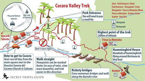 Map how to hike the Cocora Valley in Salento, Colombia! Download the map from our website to your smartphone and save it as image so you can use it offline. Cocora Valley, Colombia Map, Colombia Travel Guide, Tayrona National Park, Travel Colombia, Hiking Map, Coffee Farm, Colombia Travel, Maputo