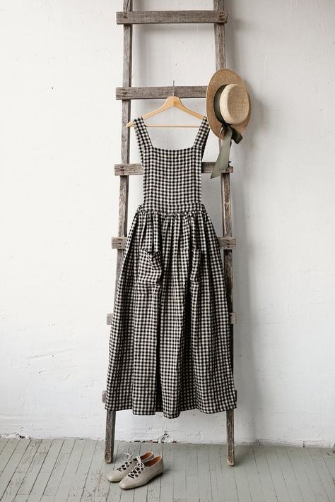 Victorian Apron, Victorian Aprons, Linen Pinafore Dress, Cottage Dress, Linen Pinafore, Sewing Projects Clothes, Black Gingham, Elastic Waist Dress, Dress Linen