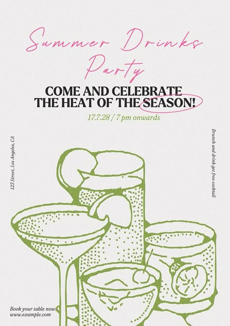 Cocktail Party Poster Design, Summer Cocktail Party Invitations, Bday Invite Ideas, Poster Invitation Design, Summer Design Poster, Happy Hour Poster Design, Drinks Poster Design, Cool Birthday Invitations, Menu Food Design