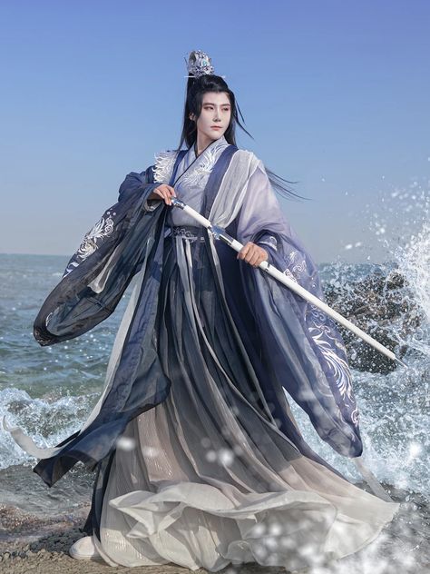 Large Size 3XL Hanfu Men Chinese Traditional Embroidery Hanfu Male Cosplay Costume Fancy Dress Blue&White Hanfu Set For Men 3XL - AliExpress 200000532 Blue Hanfu Men, Chinese Traditional Dress Men, Traditional Chinese Clothing Male, Rainbow Moodboard, Chinese Traditional Clothing Men, Chinese Hanfu Male, Chinese Men's Clothing, Blue Hanfu, Male Hanfu